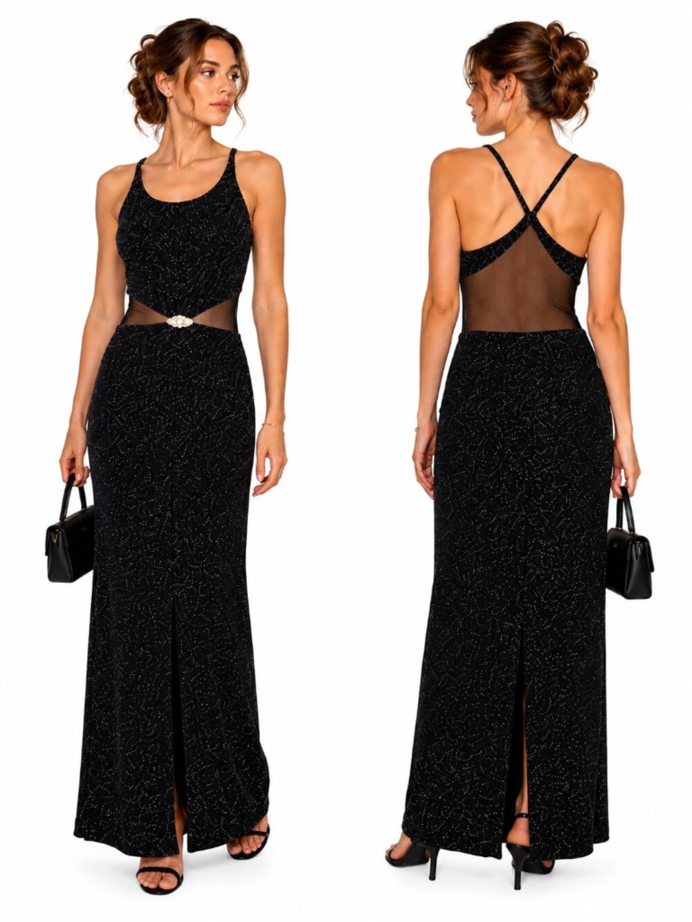 Vintage Y2K Whimsigoth Betsy & Adam Maxi Dress Gown Size 5/6 Black Glitter Glam
